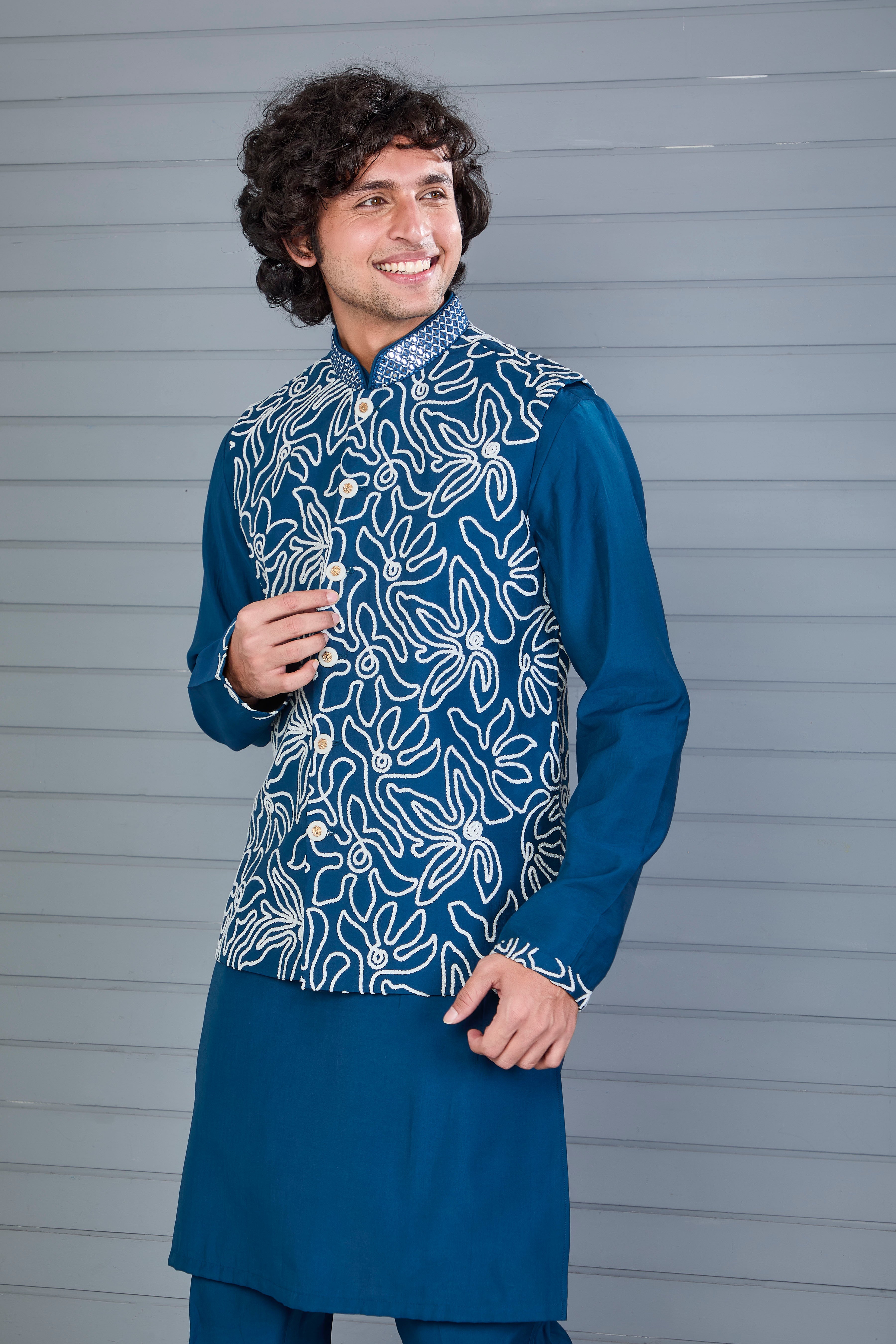 Dark Blue Men’s Kurta Jacket Set in Raw Silk for Festive Event