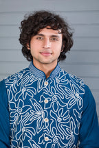 Dark Blue Men’s Kurta Jacket Set in Raw Silk for Festive Event