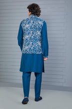 Dark Blue Men’s Kurta Jacket Set in Raw Silk for Festive Event