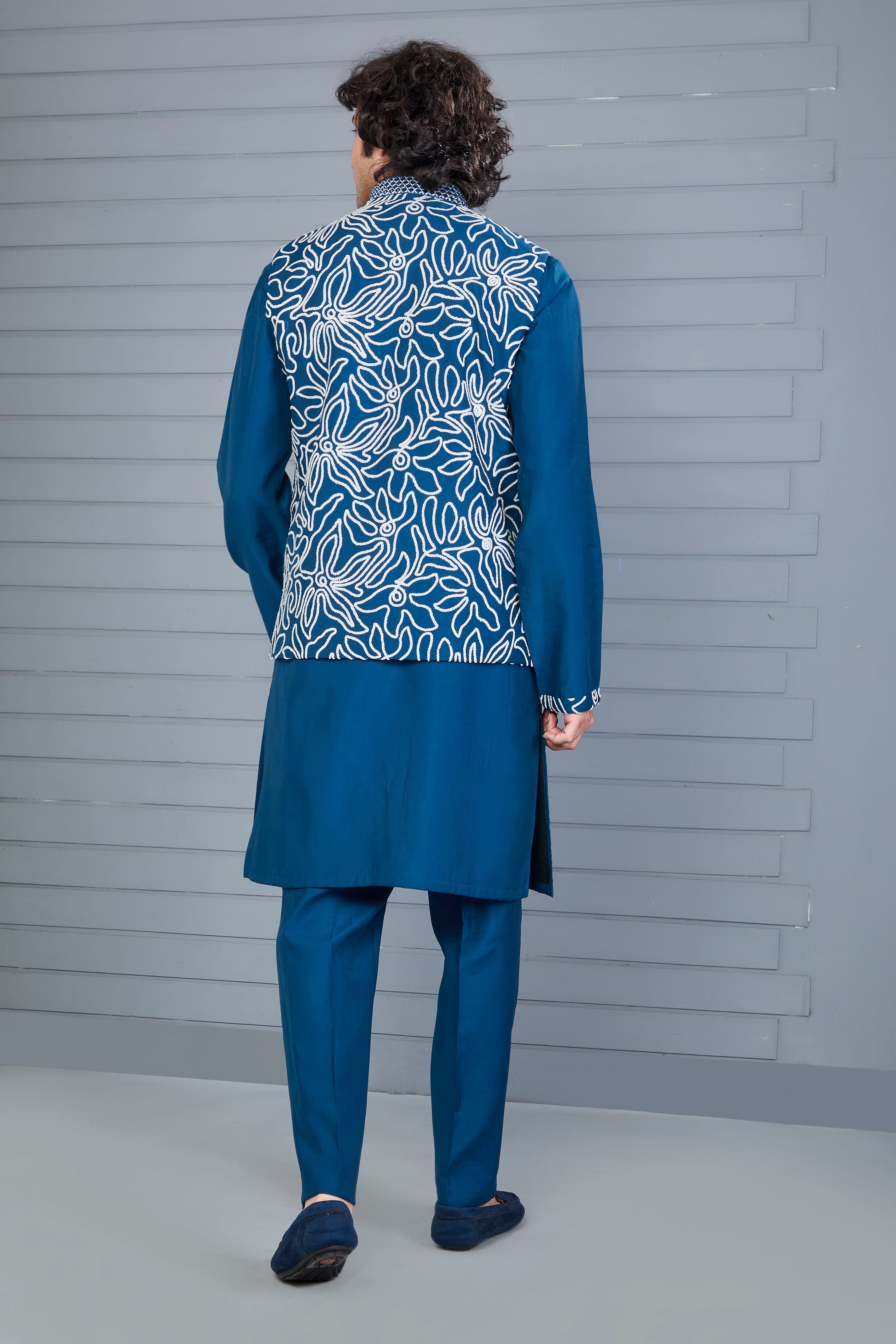 Dark Blue Men’s Kurta Jacket Set in Raw Silk for Festive Event