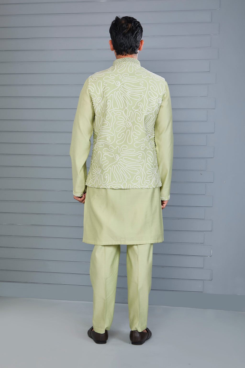 Men's Pastel Green Kurta Jacket Set Crafted in Premium Raw Silk