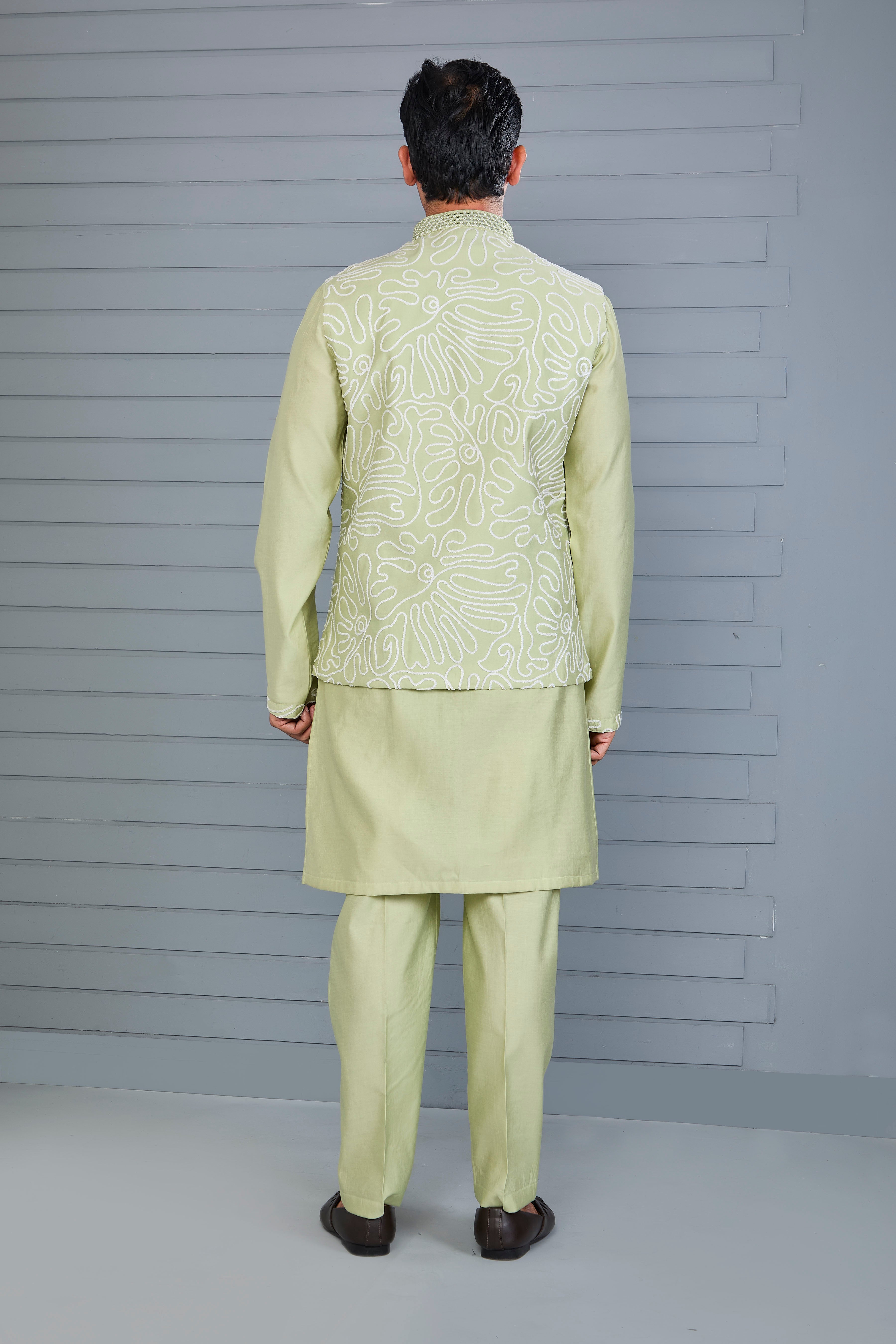 Men's Pastel Green Kurta Jacket Set Crafted in Premium Raw Silk