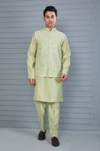 Men's Pastel Green Kurta Jacket Set Crafted in Premium Raw Silk