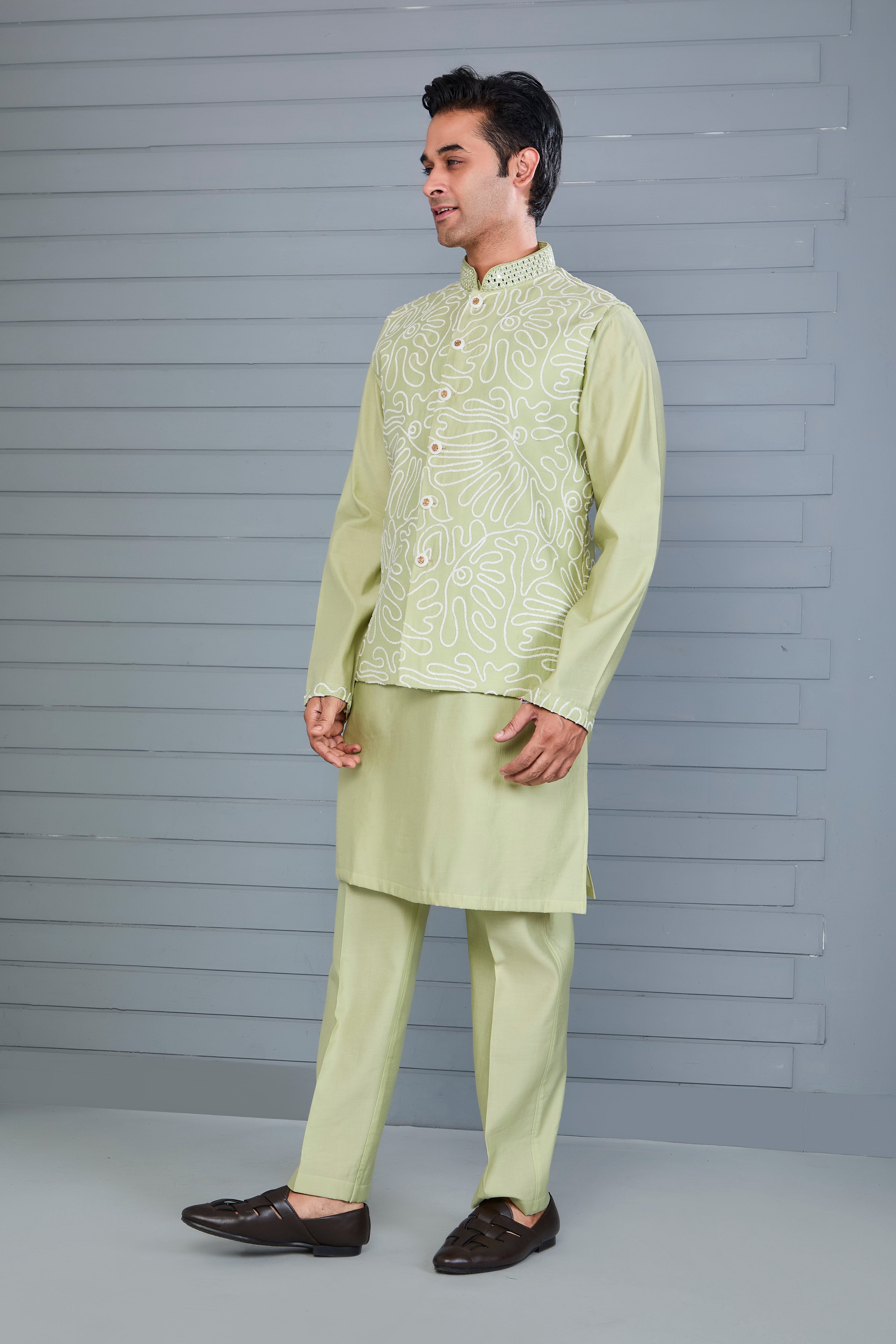 Men's Pastel Green Kurta Jacket Set Crafted in Premium Raw Silk