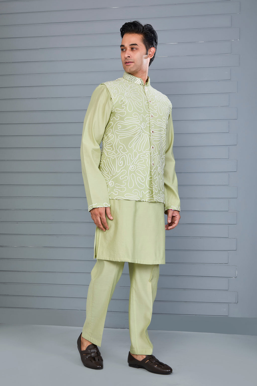 Men's Pastel Green Kurta Jacket Set Crafted in Premium Raw Silk