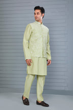 Men's Pastel Green Kurta Jacket Set Crafted in Premium Raw Silk