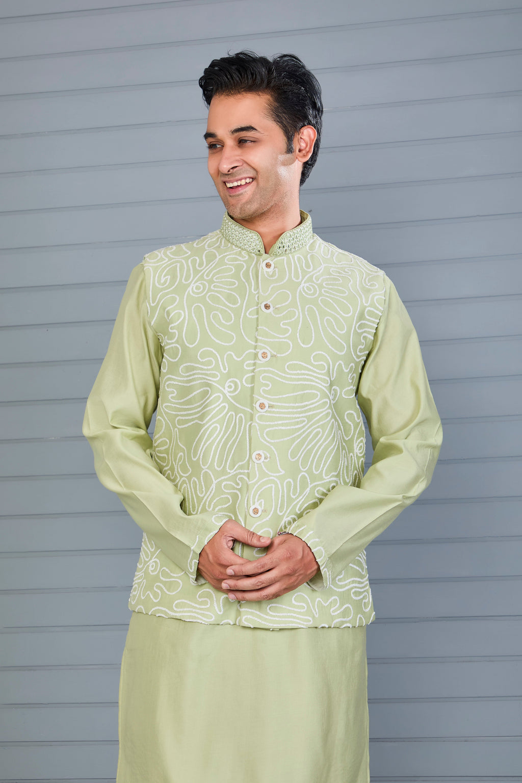 Men's Pastel Green Kurta Jacket Set Crafted in Premium Raw Silk