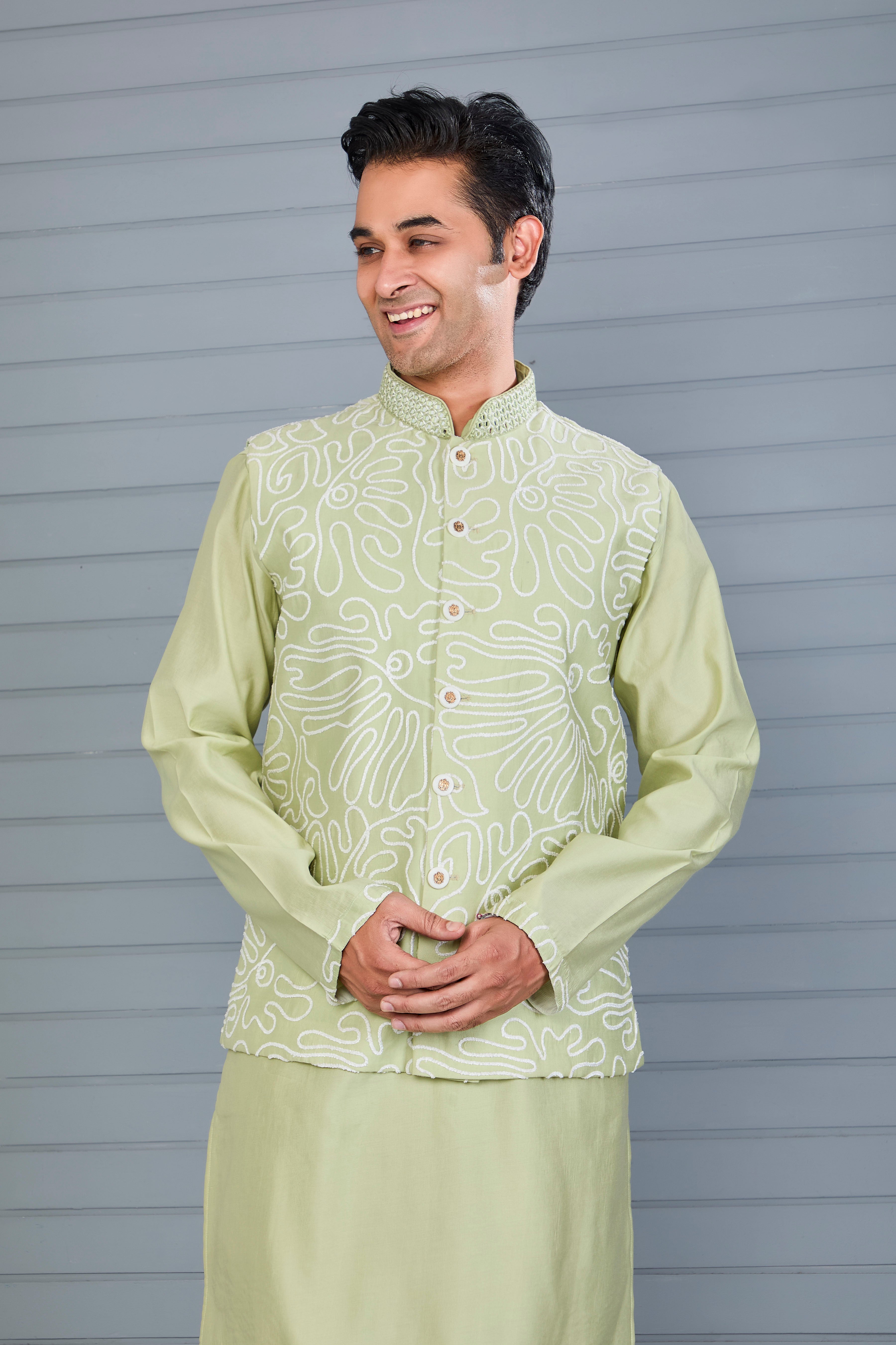 Men's Pastel Green Kurta Jacket Set Crafted in Premium Raw Silk