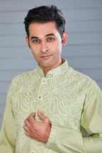 Men's Pastel Green Kurta Jacket Set Crafted in Premium Raw Silk