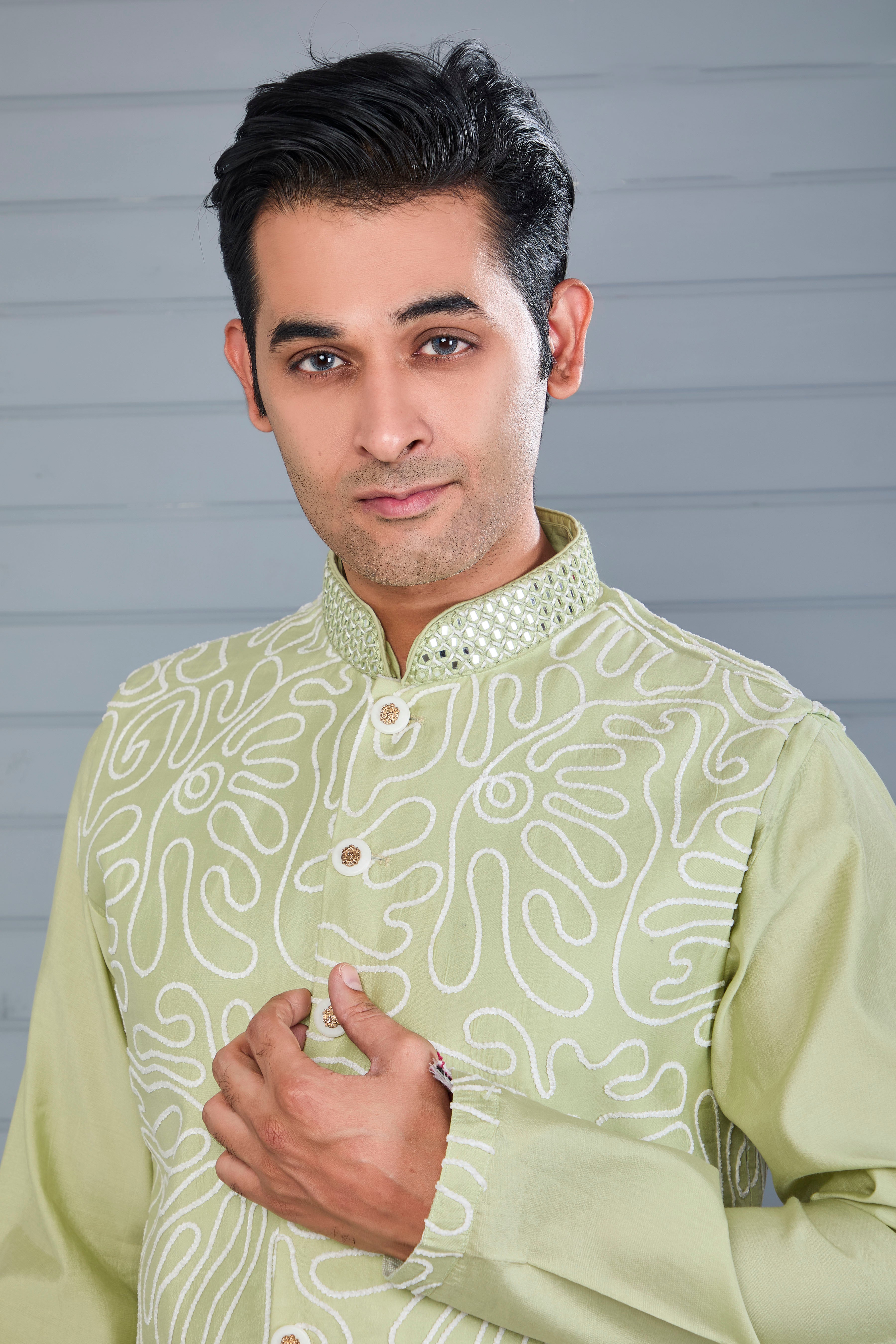 Men's Pastel Green Kurta Jacket Set Crafted in Premium Raw Silk