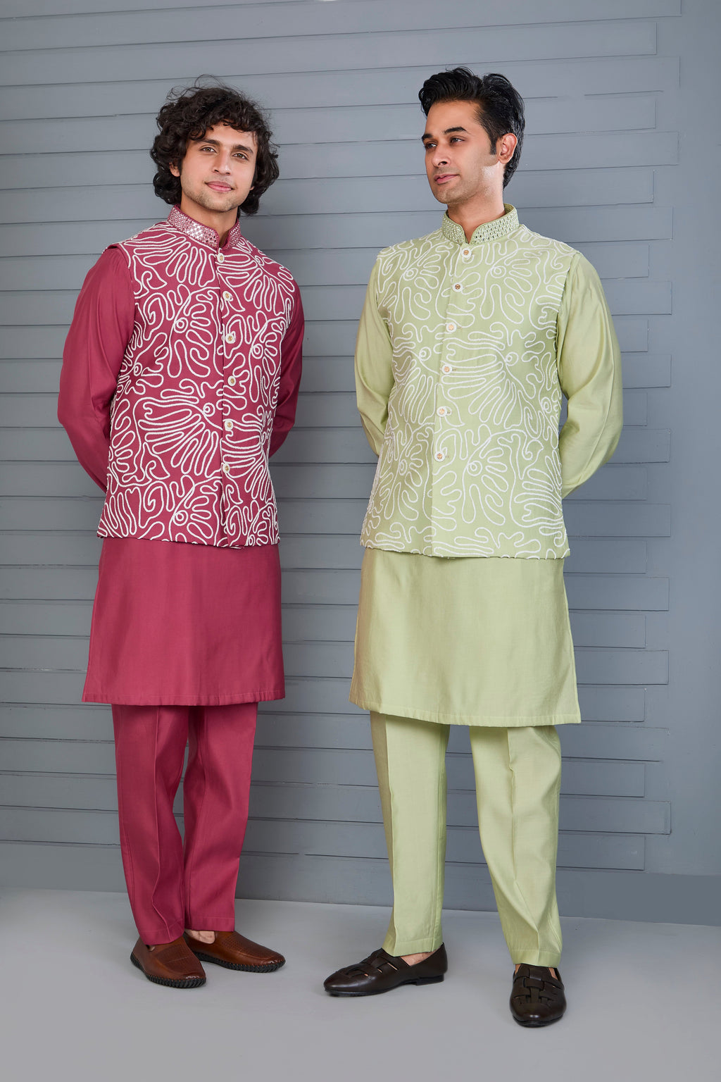 Men's Pastel Green Kurta Jacket Set Crafted in Premium Raw Silk