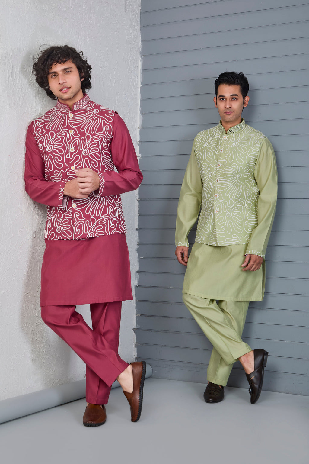 Men’s Dark Pink Kurta Jacket Set with Embroidery Work in Raw Silk