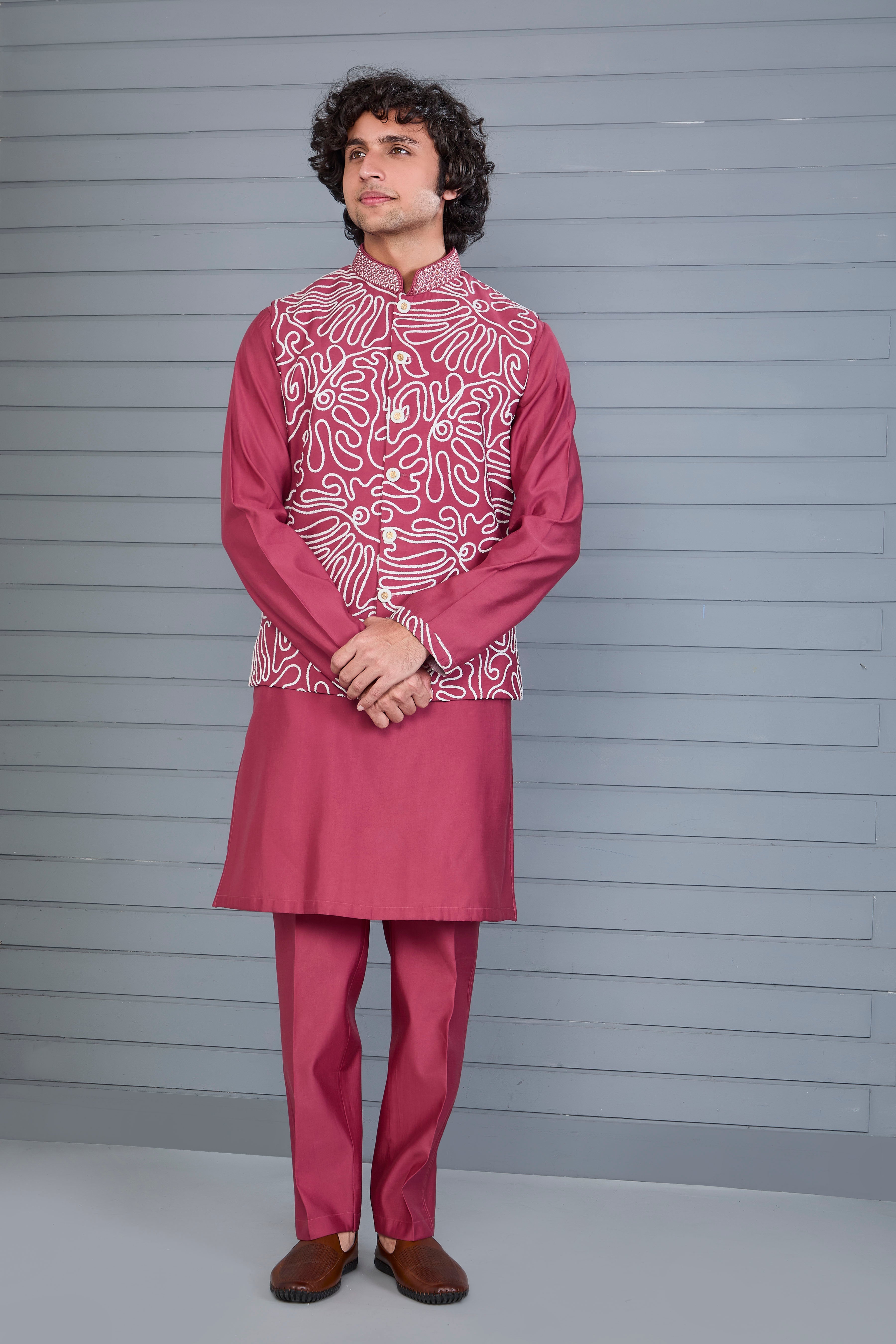 Men’s Dark Pink Kurta Jacket Set with Embroidery Work in Raw Silk