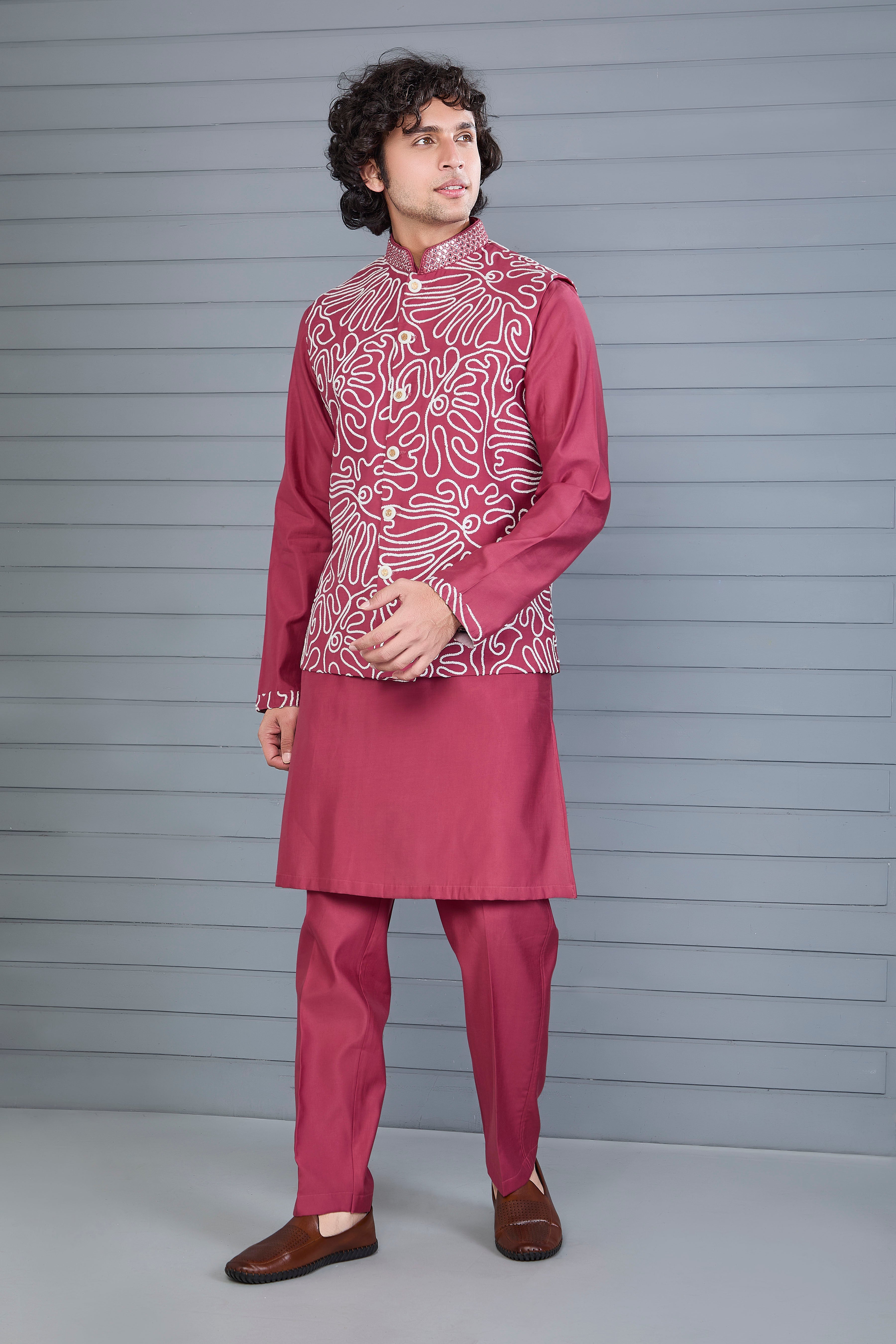Men’s Dark Pink Kurta Jacket Set with Embroidery Work in Raw Silk