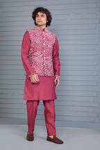Men’s Dark Pink Kurta Jacket Set with Embroidery Work in Raw Silk