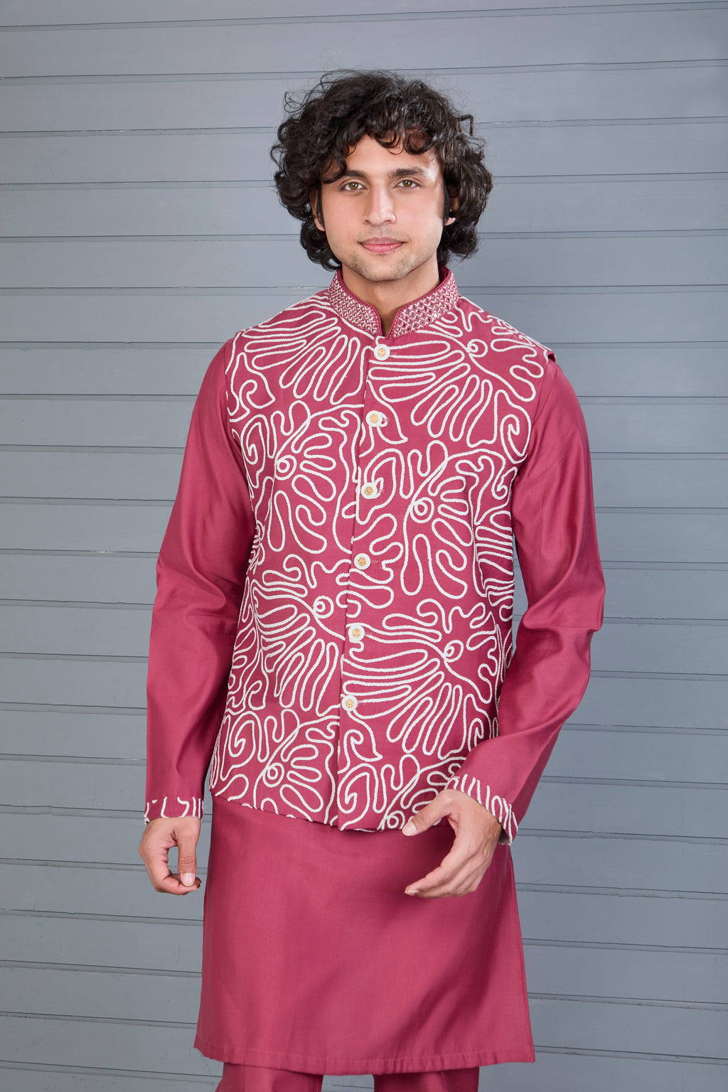 Men’s Dark Pink Kurta Jacket Set with Embroidery Work in Raw Silk
