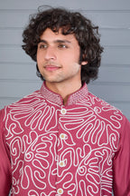Men’s Dark Pink Kurta Jacket Set with Embroidery Work in Raw Silk