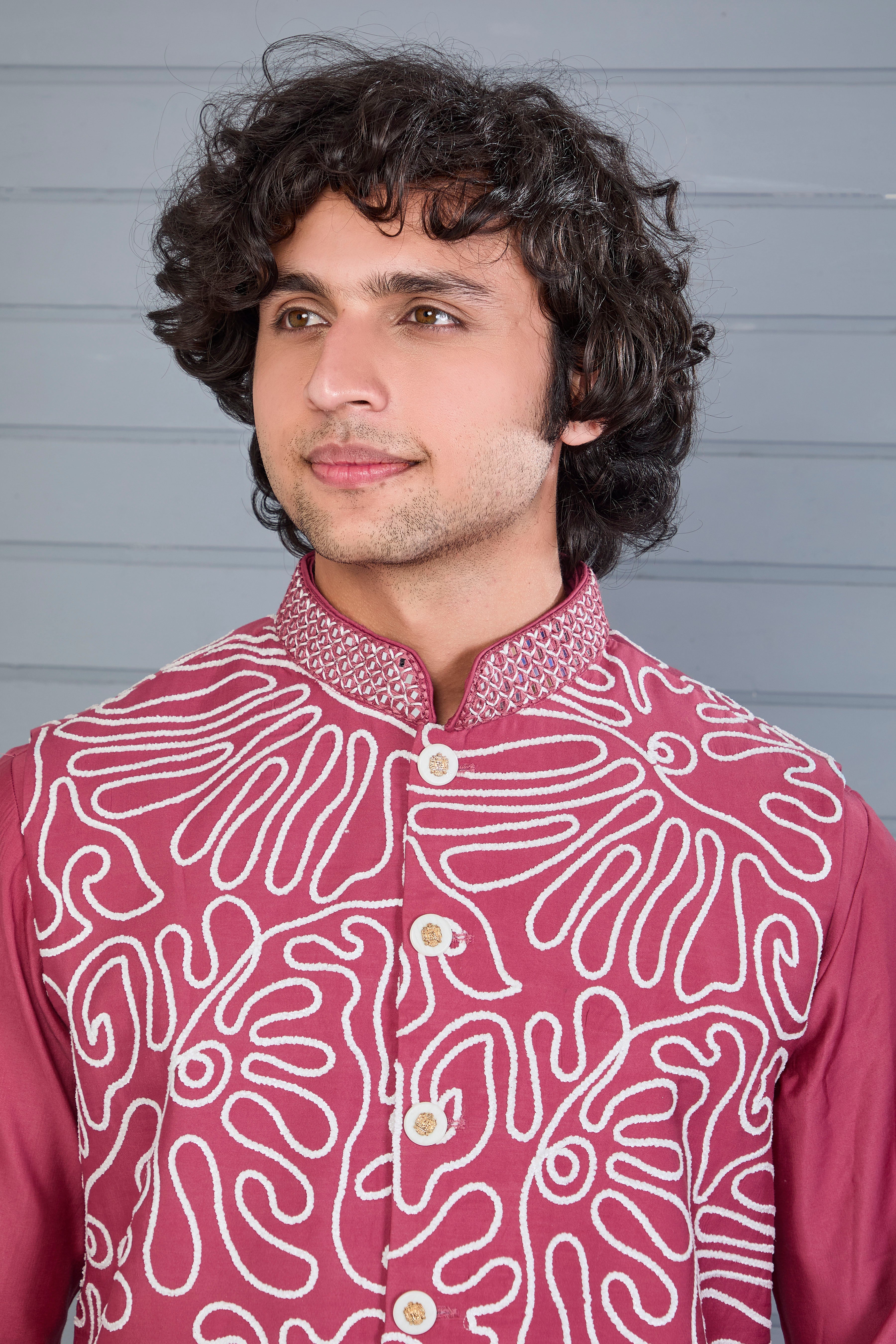Men’s Dark Pink Kurta Jacket Set with Embroidery Work in Raw Silk