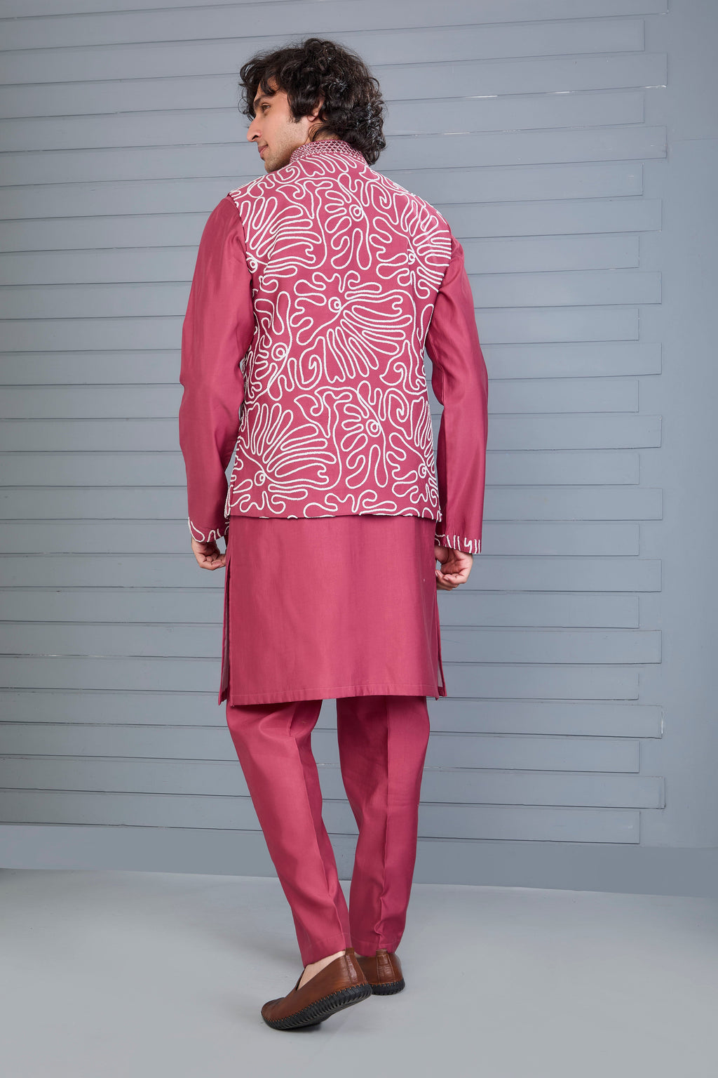 Men’s Dark Pink Kurta Jacket Set with Embroidery Work in Raw Silk