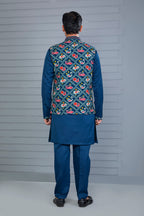Festive Occasion Patola Printed Royal Blue Men’s Kurta Jacket Set