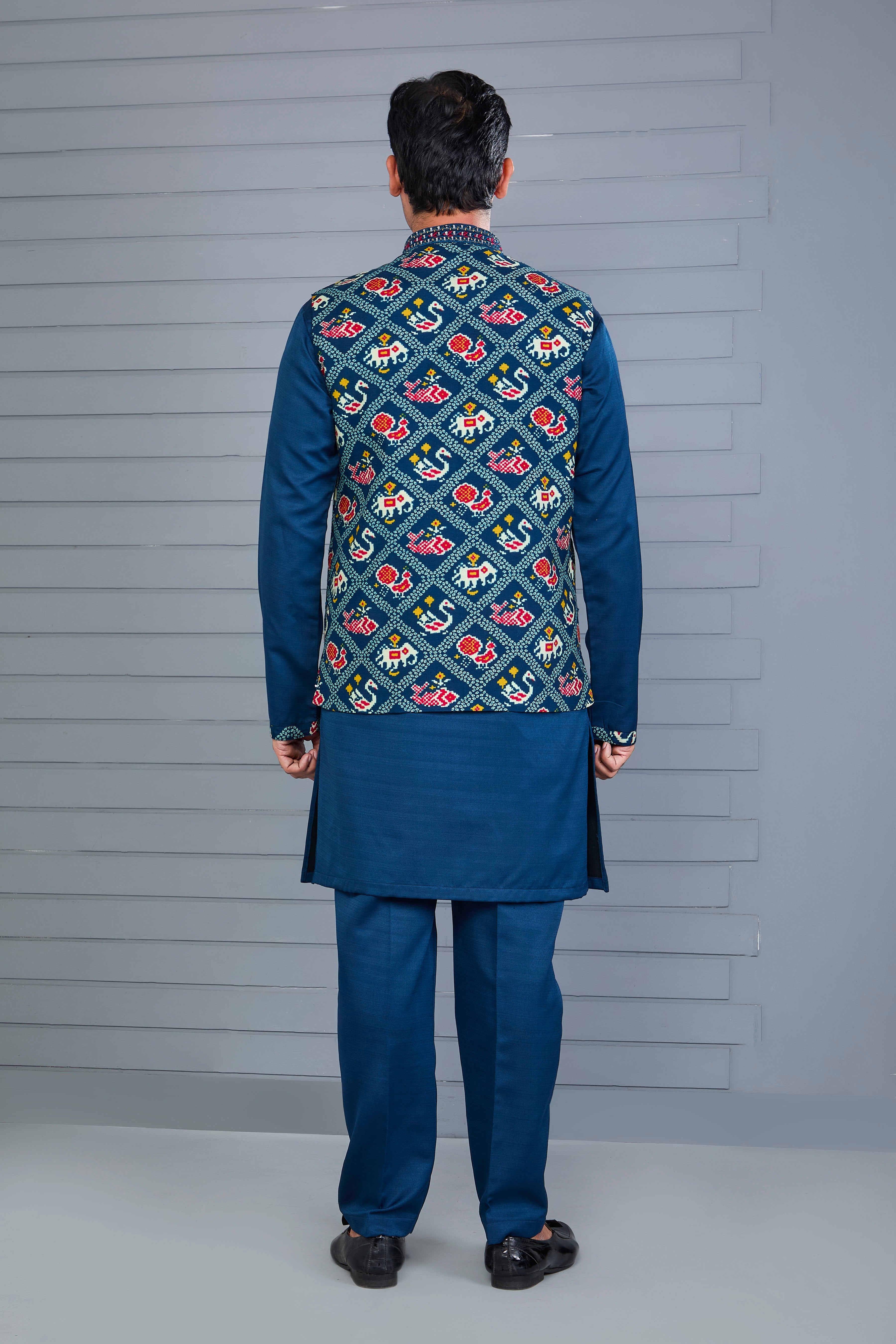 Festive Occasion Patola Printed Royal Blue Men’s Kurta Jacket Set