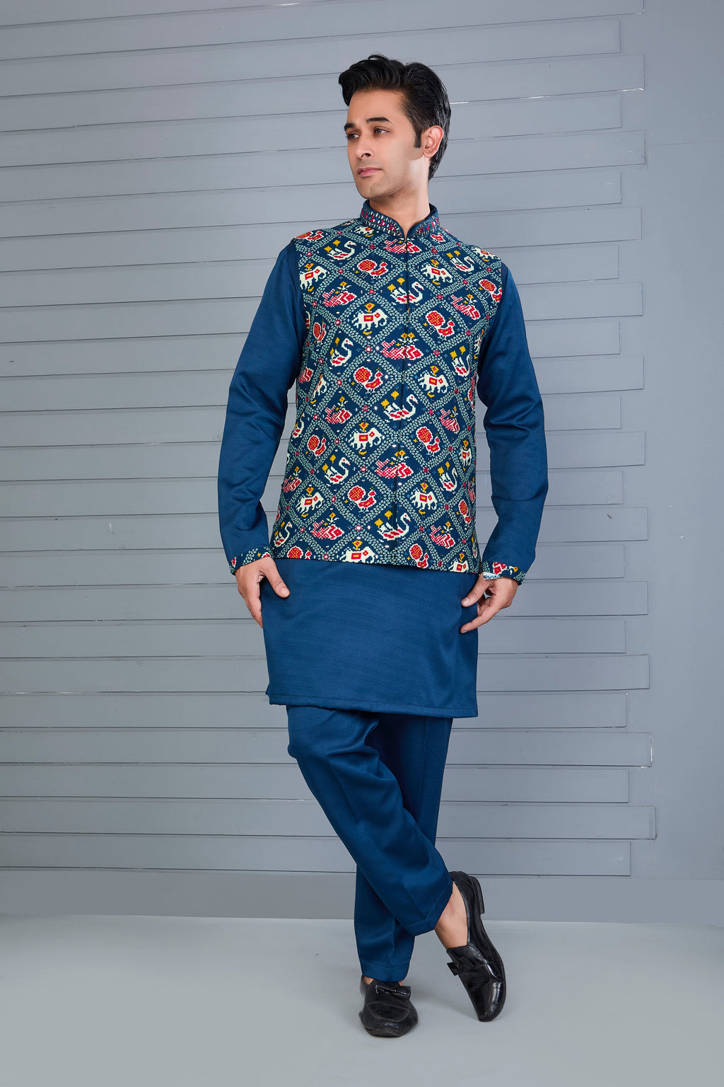 Festive Occasion Patola Printed Royal Blue Men’s Kurta Jacket Set