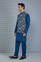 Festive Occasion Patola Printed Royal Blue Men’s Kurta Jacket Set