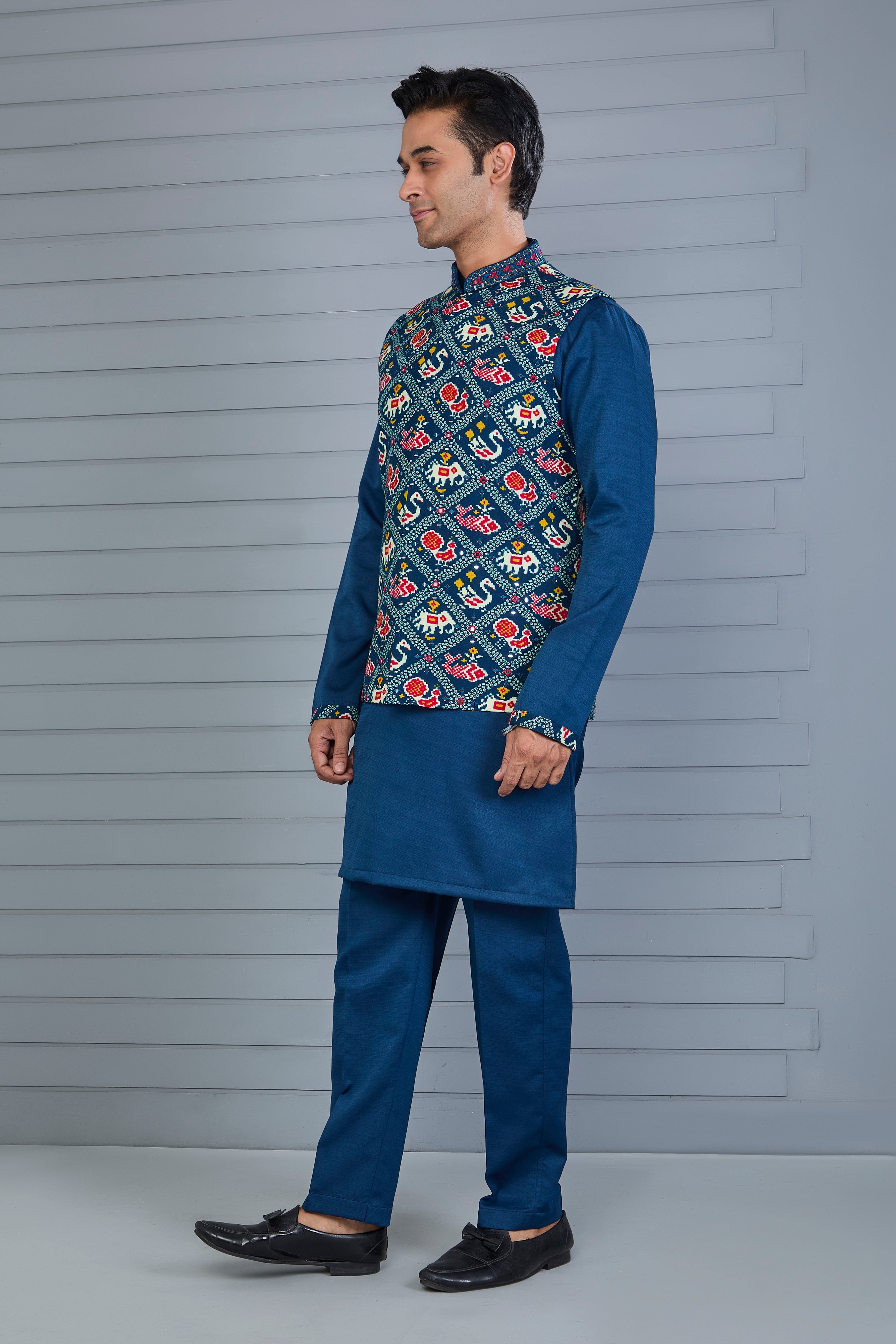 Festive Occasion Patola Printed Royal Blue Men’s Kurta Jacket Set