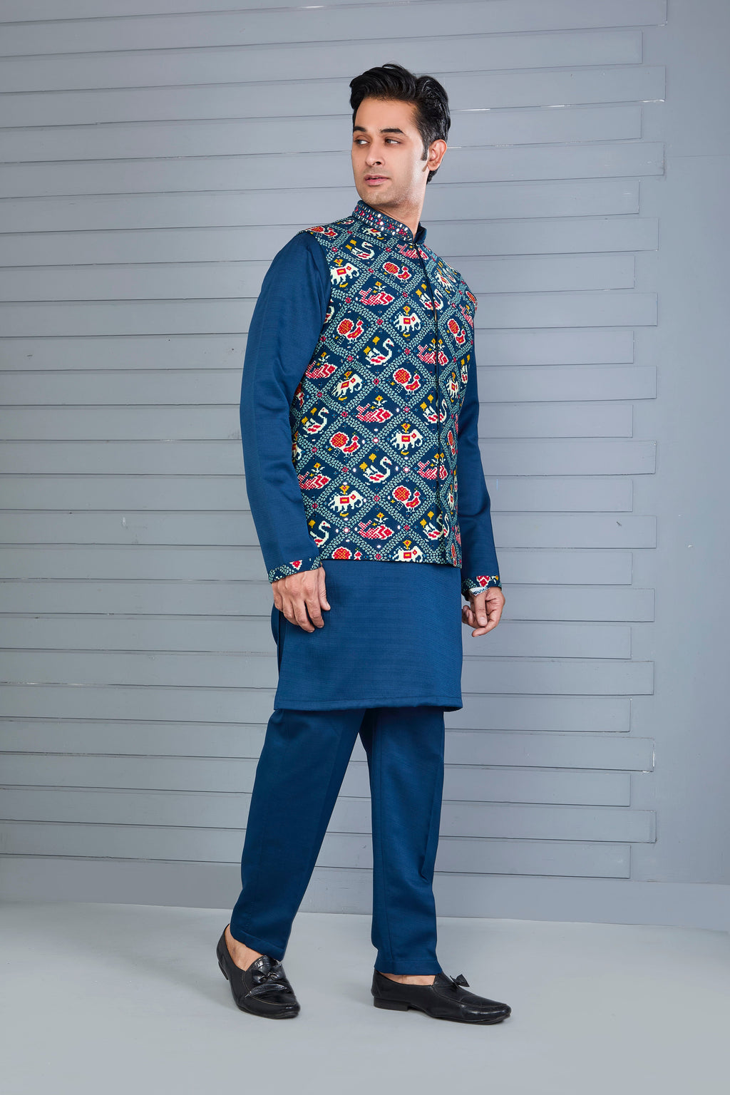 Festive Occasion Patola Printed Royal Blue Men’s Kurta Jacket Set