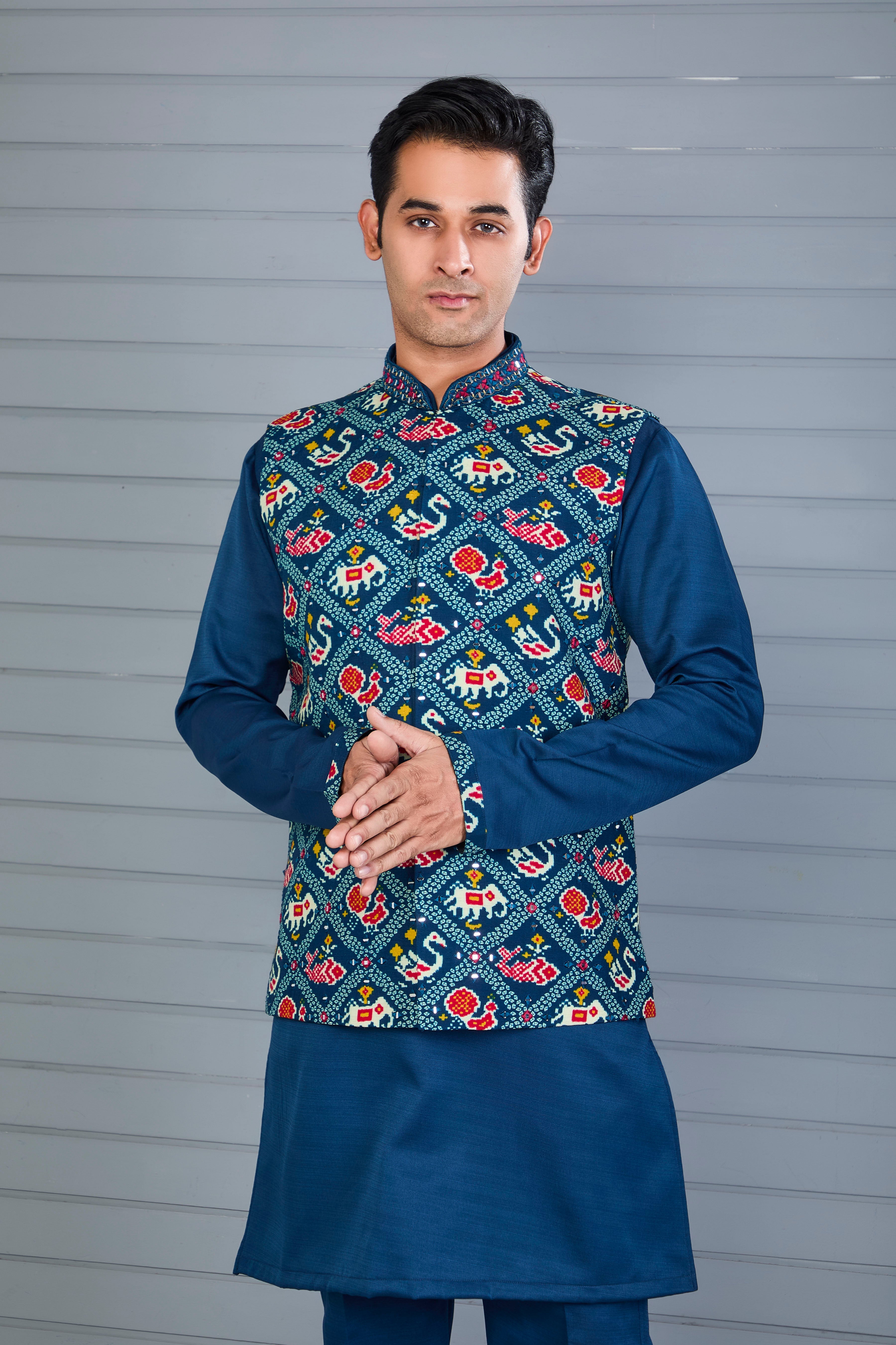 Festive Occasion Patola Printed Royal Blue Men’s Kurta Jacket Set