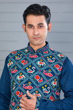 Festive Occasion Patola Printed Royal Blue Men’s Kurta Jacket Set
