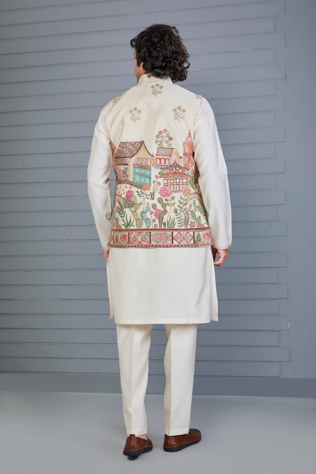 Men's Raw Silk Printed Cream Kurta Jacket Set for Wedding Occasions