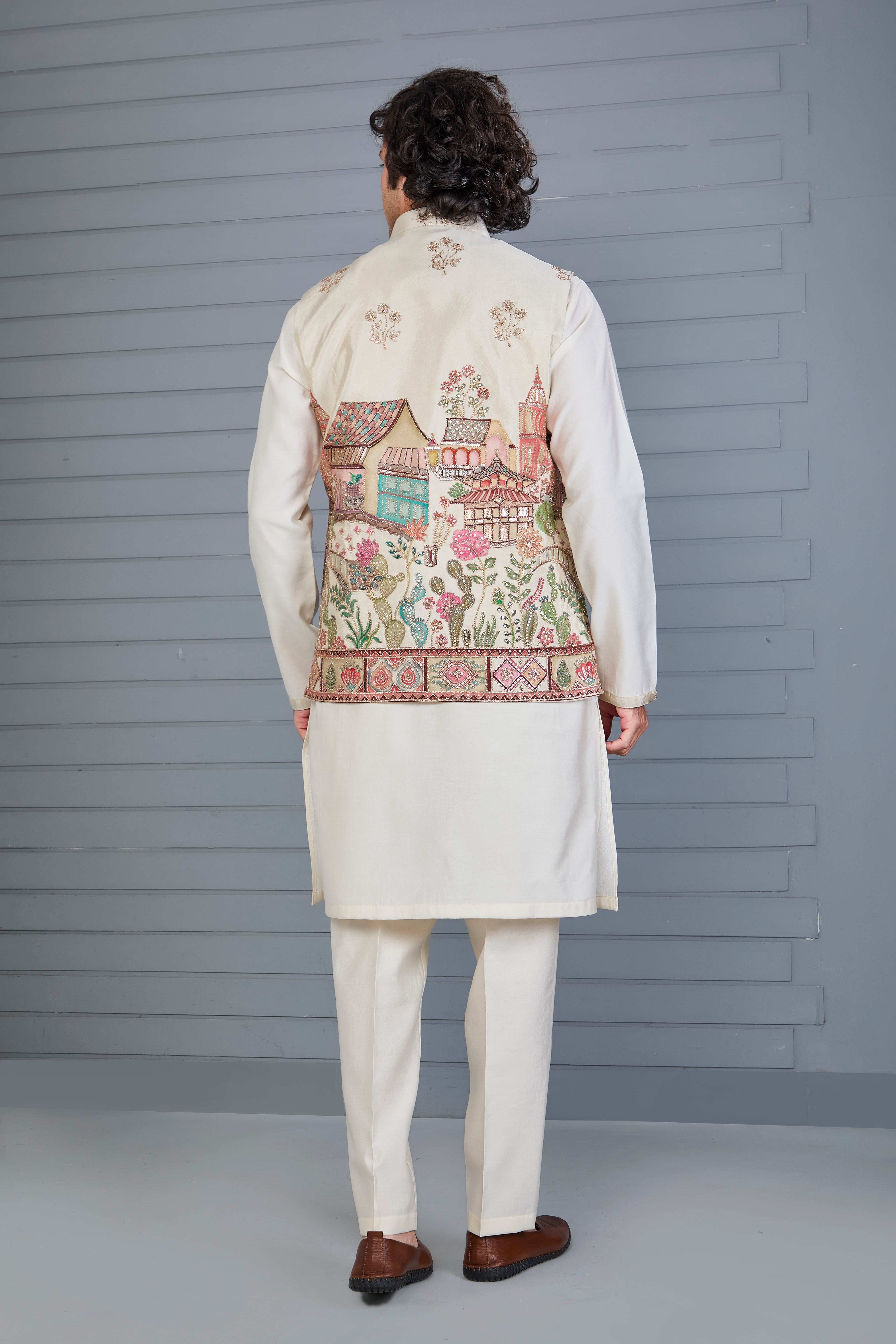 Men's Raw Silk Printed Cream Kurta Jacket Set for Wedding Occasions