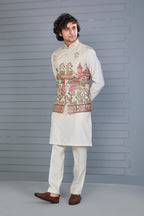 Men's Raw Silk Printed Cream Kurta Jacket Set for Wedding Occasions