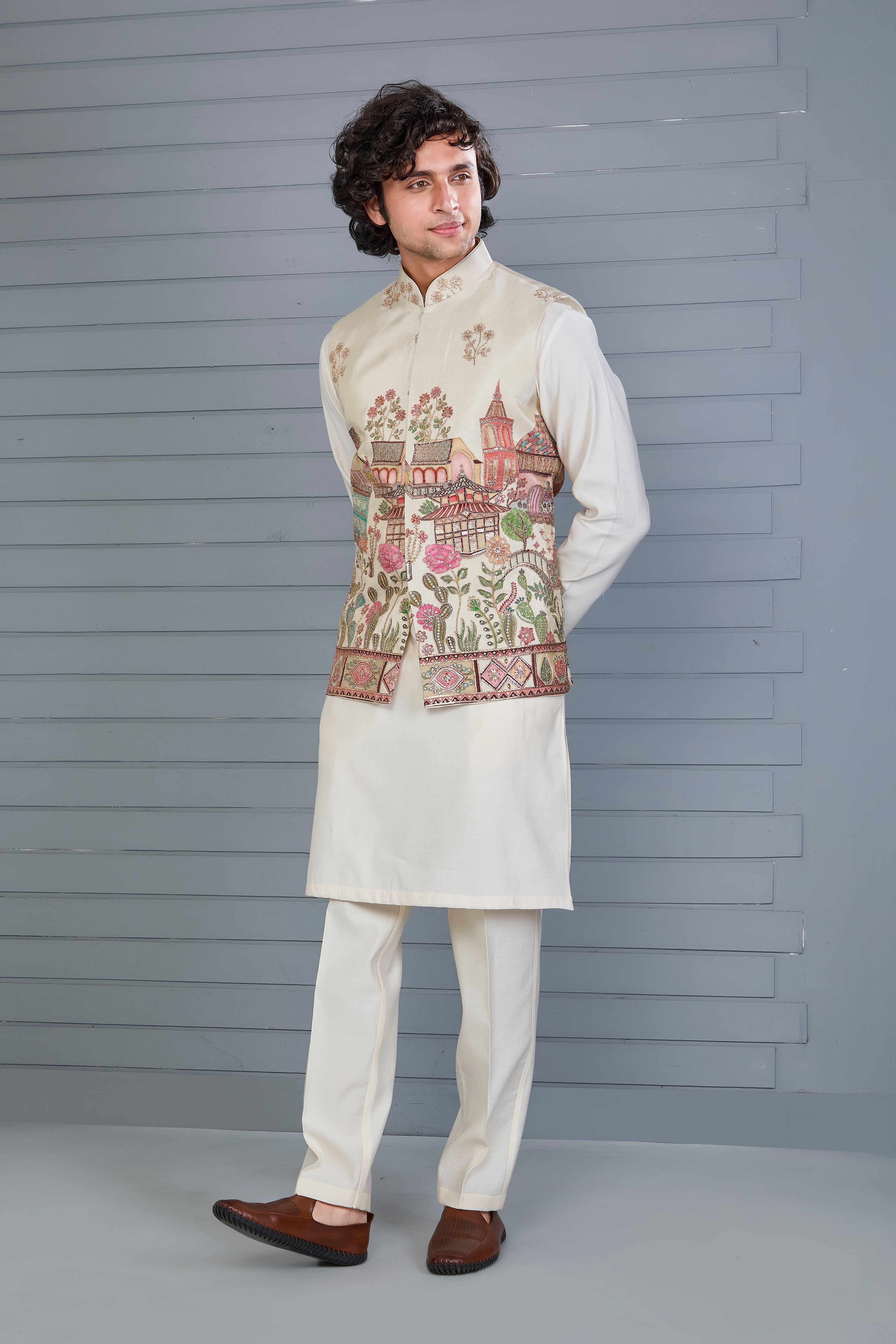 Men's Raw Silk Printed Cream Kurta Jacket Set for Wedding Occasions