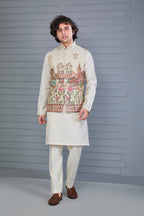 Men's Raw Silk Printed Cream Kurta Jacket Set for Wedding Occasions