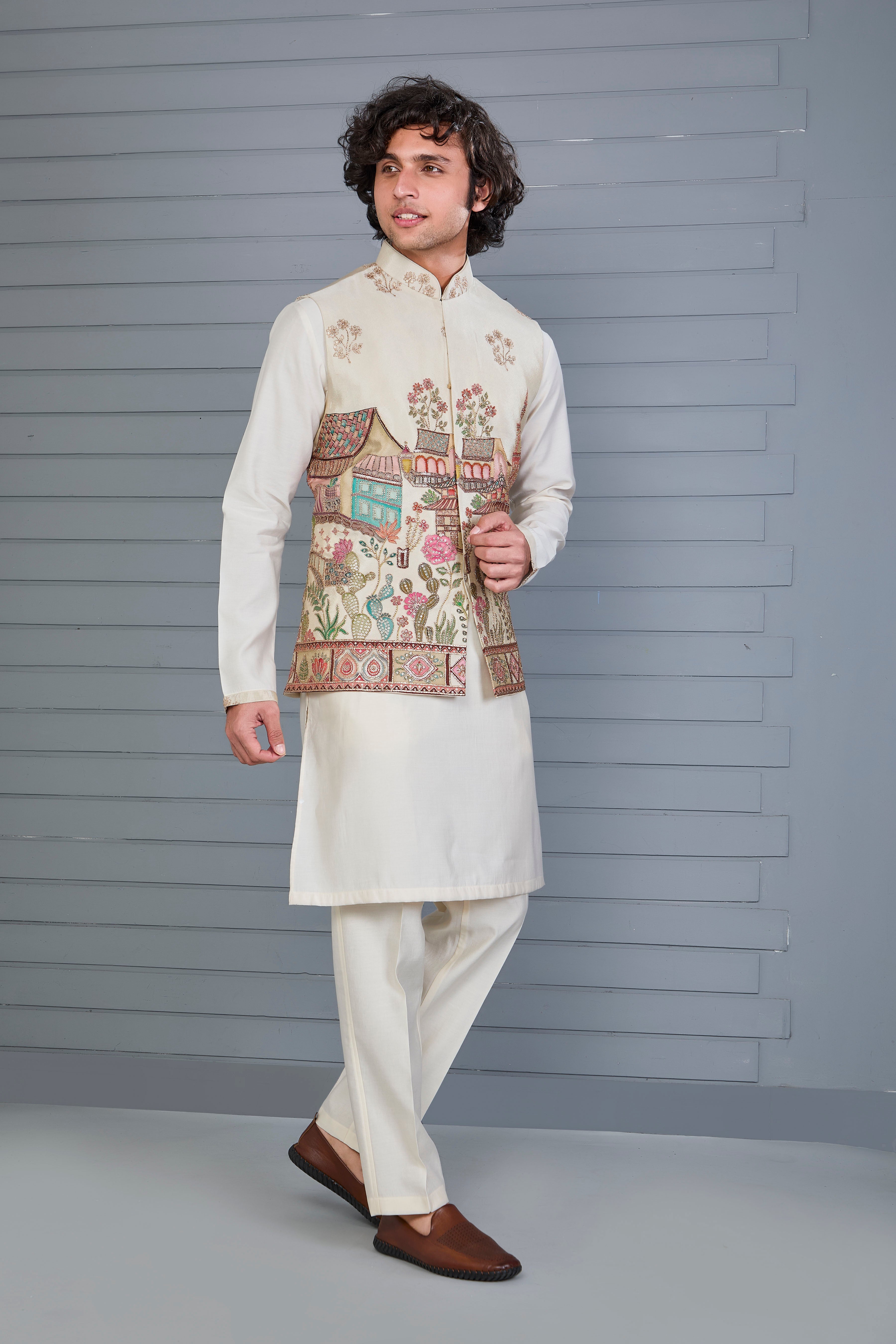 Men's Raw Silk Printed Cream Kurta Jacket Set for Wedding Occasions
