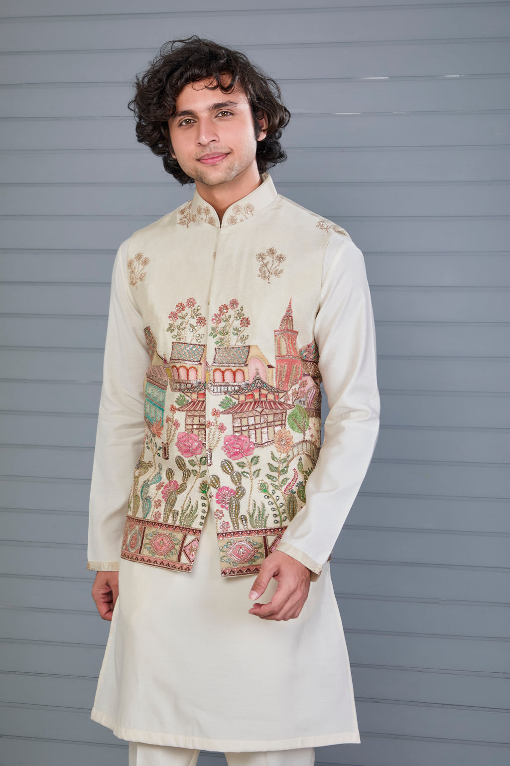 Men's Raw Silk Printed Cream Kurta Jacket Set for Wedding Occasions