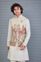 Men's Raw Silk Printed Cream Kurta Jacket Set for Wedding Occasions