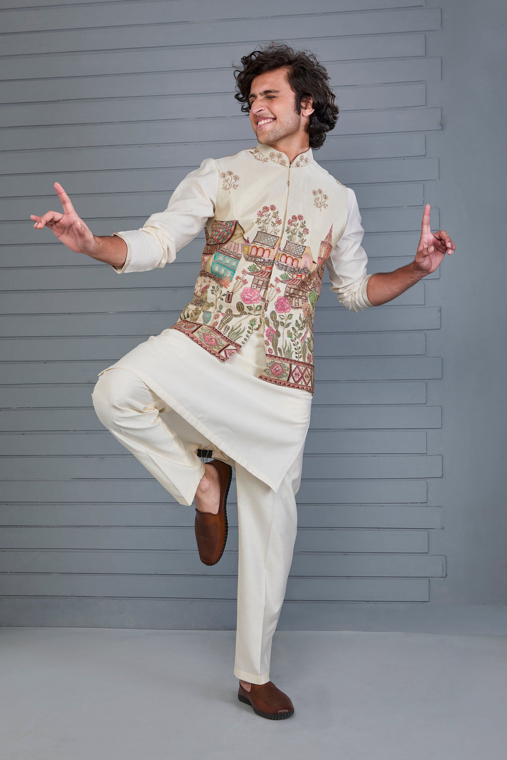 Men's Raw Silk Printed Cream Kurta Jacket Set for Wedding Occasions