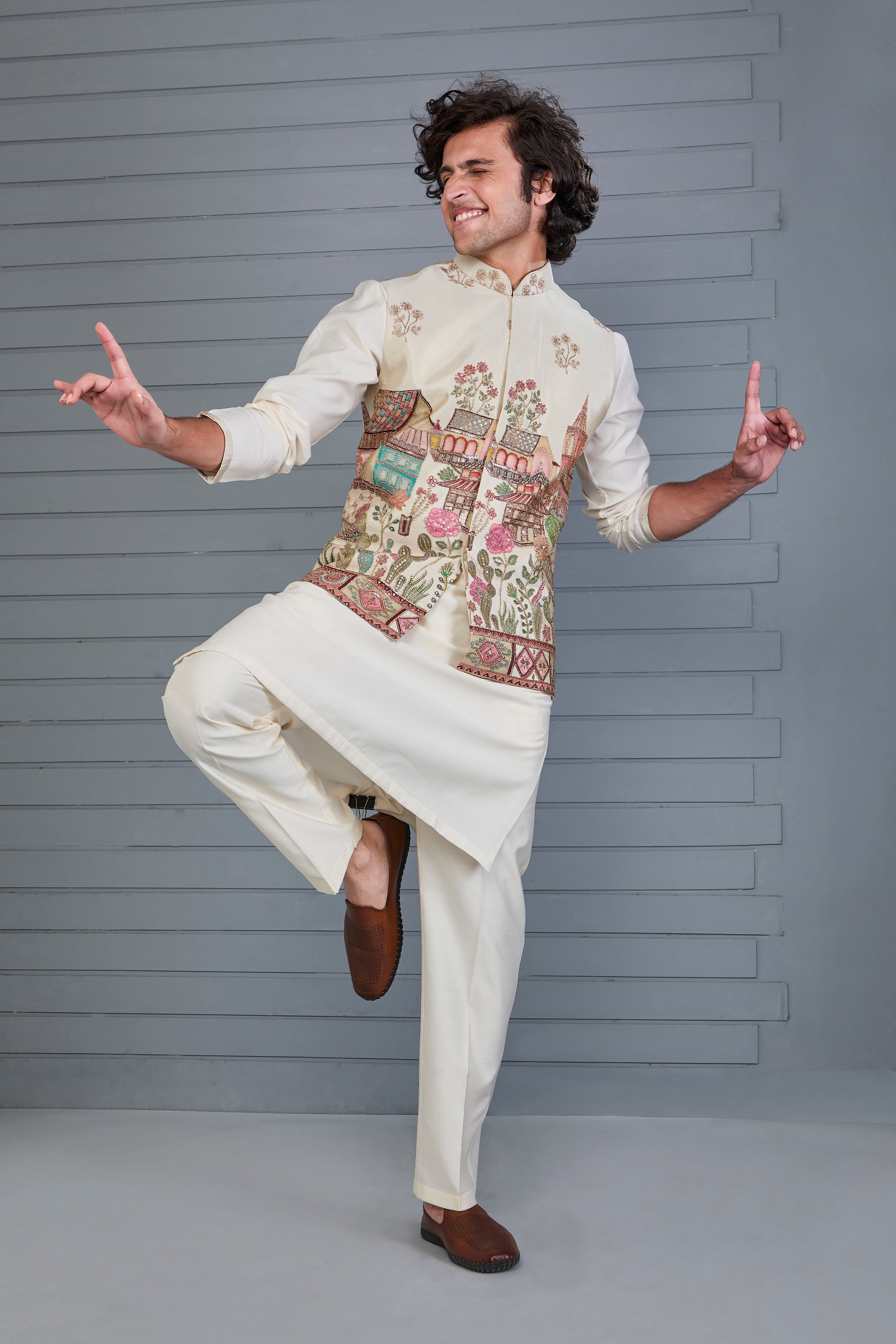 Men's Raw Silk Printed Cream Kurta Jacket Set for Wedding Occasions