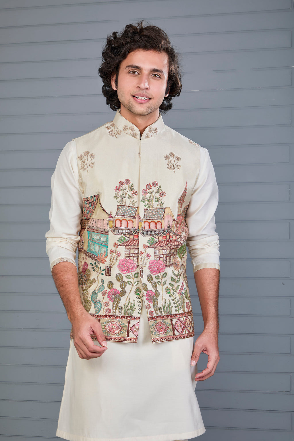 Men's Raw Silk Printed Cream Kurta Jacket Set for Wedding Occasions