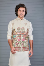 Men's Raw Silk Printed Cream Kurta Jacket Set for Wedding Occasions