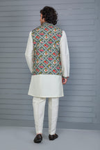 Men’s Printed Kurta Jacket Set in Off white and Grey for Festive