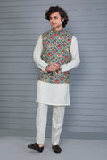 Men’s Printed Kurta Jacket Set in Off white and Grey for Festive
