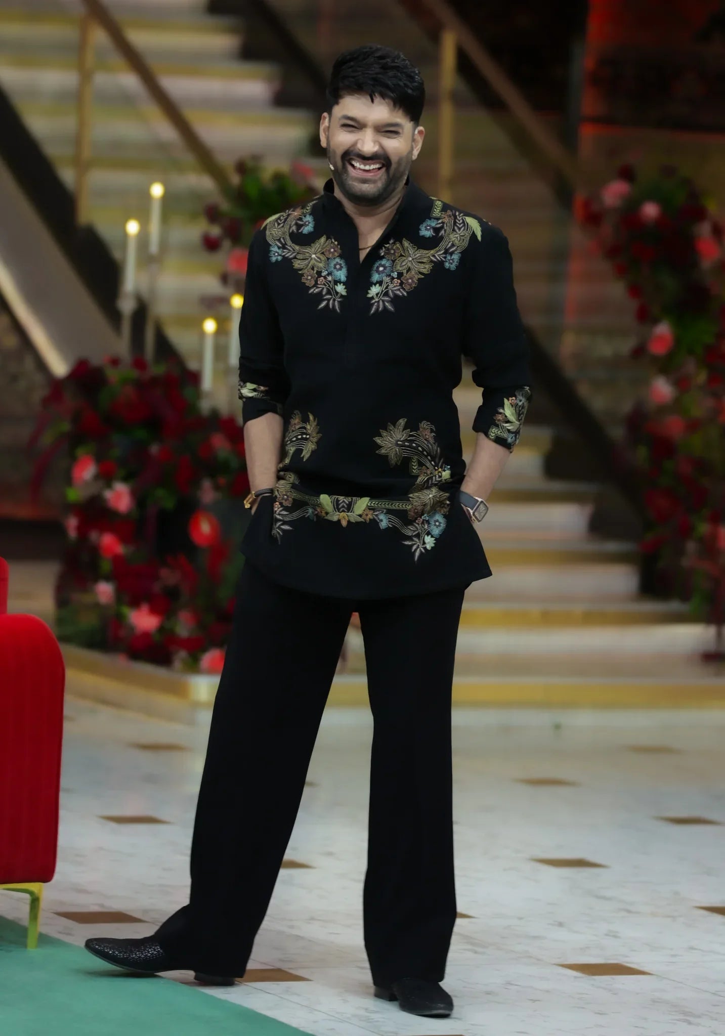 Inspired By Kapil Sharma Signature Look Black Embroidered Kurta with Ballon Pant